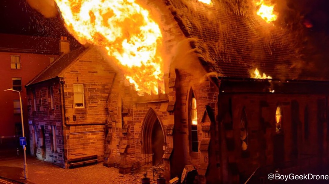 Fire destroys St Simon's Church in Partick, July 2021  Picture: Photo: Twitter @boygeekdrone