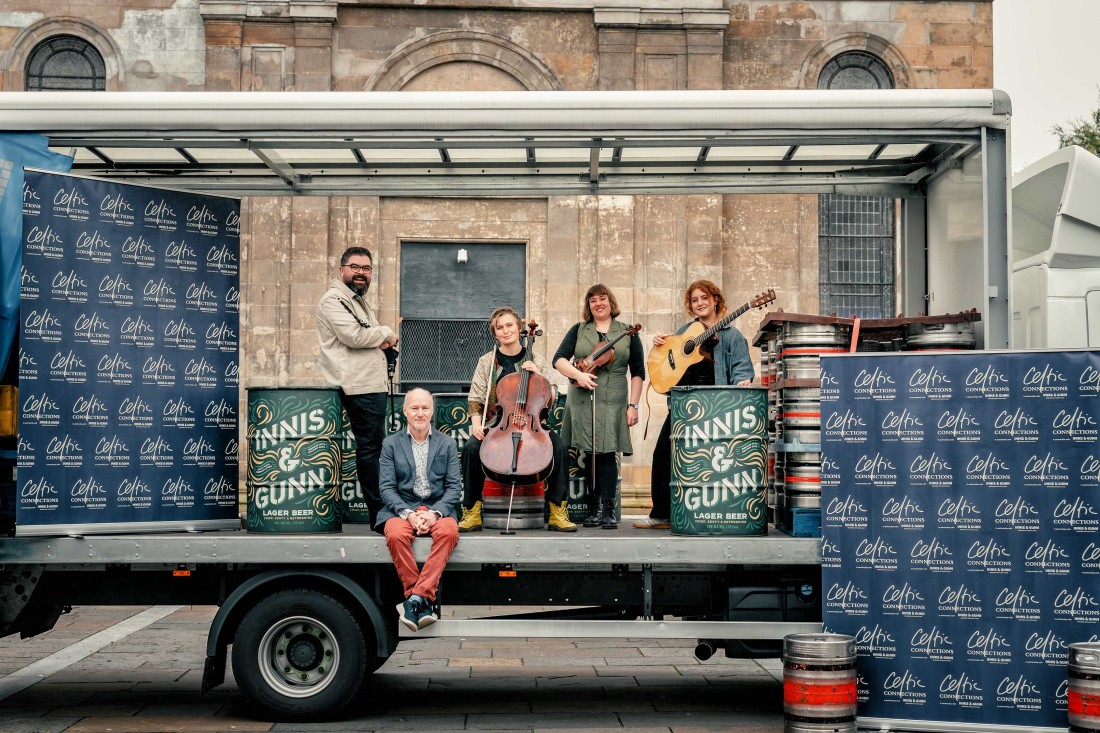 Celtic Connections. Piper Ross Miller and trad trio Juliette Lemoine (cellist), Madeleine Stewart (fiddle) and Heather Cartwright (guitar), aka Swinging on Birches, officially launch the programme for Celtic Connections 2026  Picture: Celtic Connections supplied image, photographer Jamie Simpson