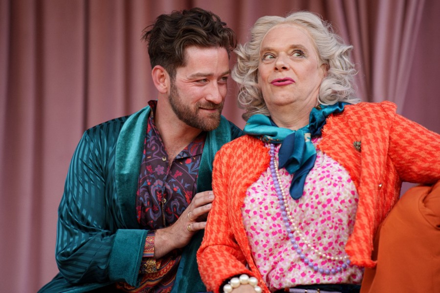 James Boal as Algernon Moncrieff with Alan Steele as Lady Bracknell in The Importance of Being Earnest, Bard in the Botanics. Photo Tom Duncan.