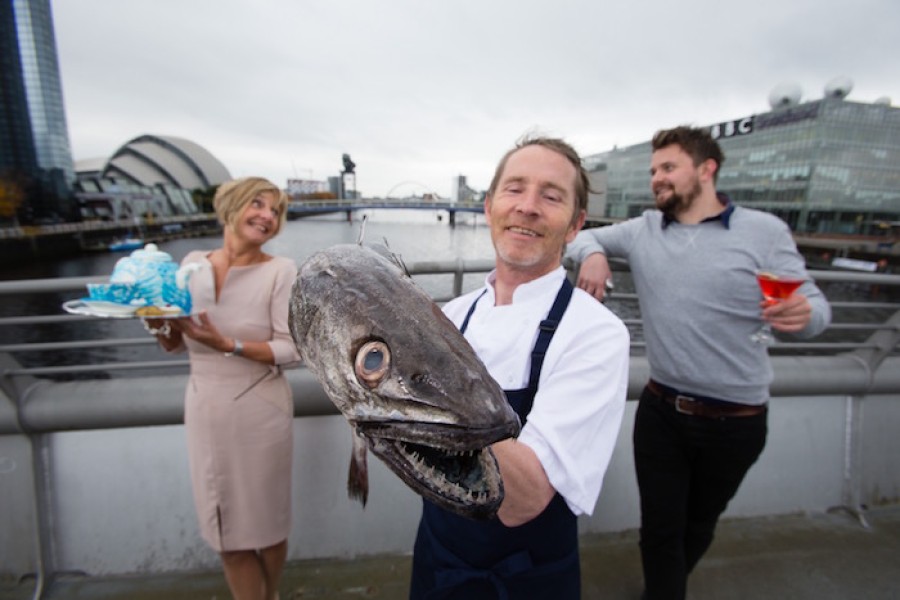  Pictured:  On the Clyde at The SEC are Ryan James of Two Fat Ladies with Anne Mulhern of The Willow Tea Rooms and James Kemp , bartender at The Finnieston. Photo credit:  Martin Shields
