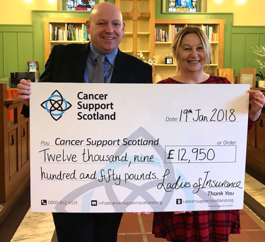 Funds: Women of Insurance raised almost £13,000 for the cancer charity. Pictured are Colin Graham, chief executive Cancer Support Scotland, and Norrelle King 