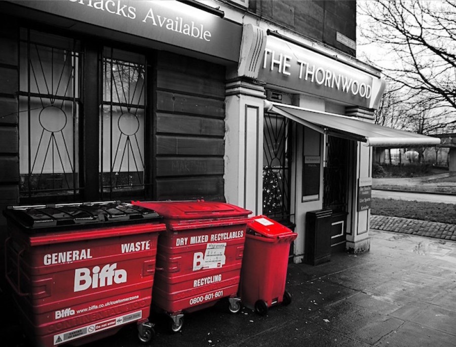  Coloured: street bins make a compelling subject in this scene by Dumbarton Road. Photo credit: Cameron Munro 