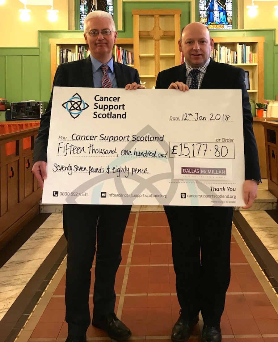  Presentation: Gordon Bell (left), partner with Dallas McMillan, pictured with chief executive of Cancer Support ScotlandColin Graham 