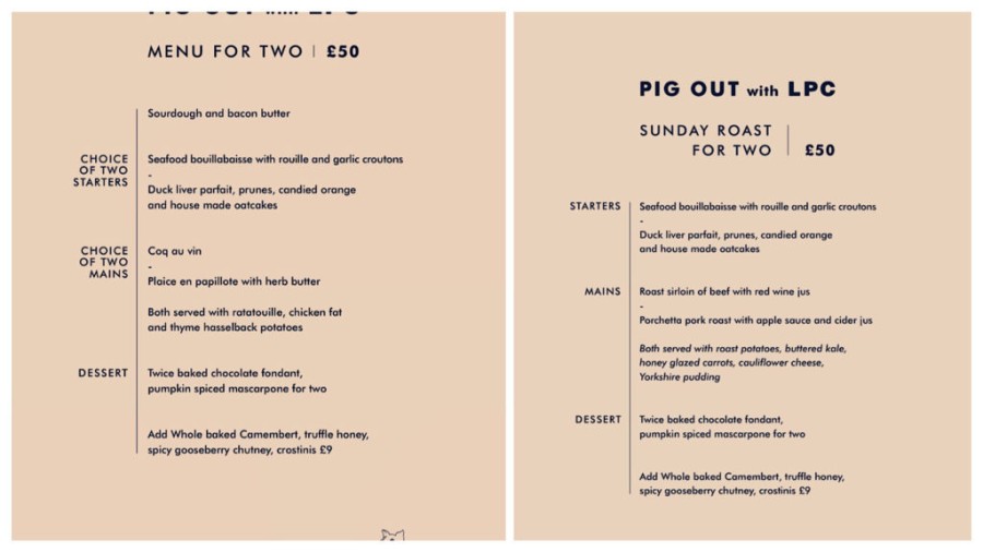 Weekend and Sunday roast menus.