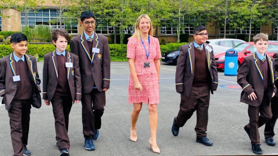 Headteacher Rosemary Martin with the new intake of boys at S1.