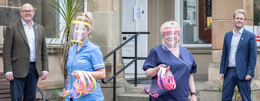  Kelvinside Academy Innovation School are producing PPE to distributr to hospitals and care homes duting teh Covid-19 pandemic 3 April 2020,. L-R School Rector Dan Wyatt and David Miller, head of the Innovation School with the protective safety masks being made at Kelvinside Academy Innovation School