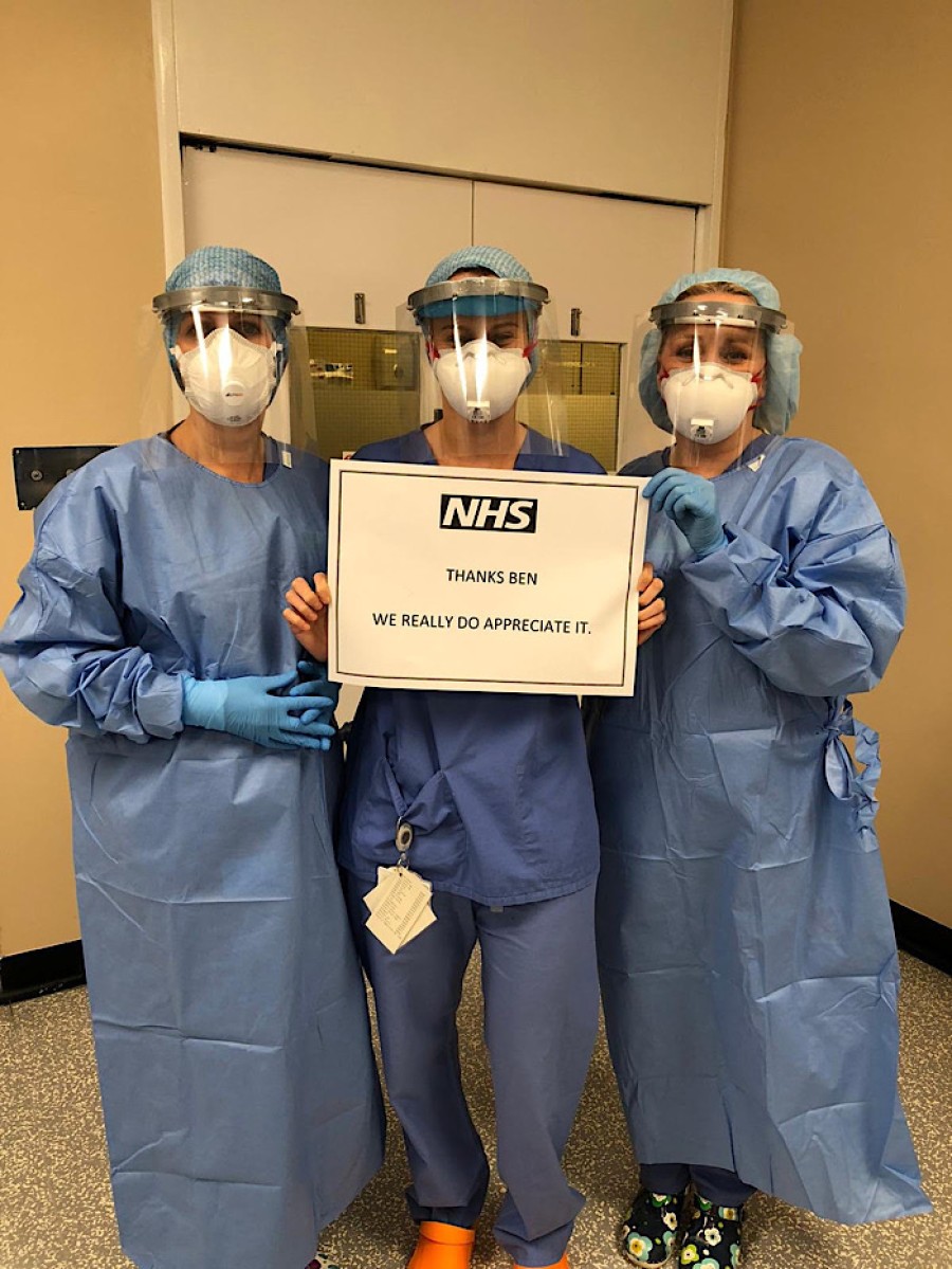  NHS staff with a message of thanks to pupil Ben Faulkner.