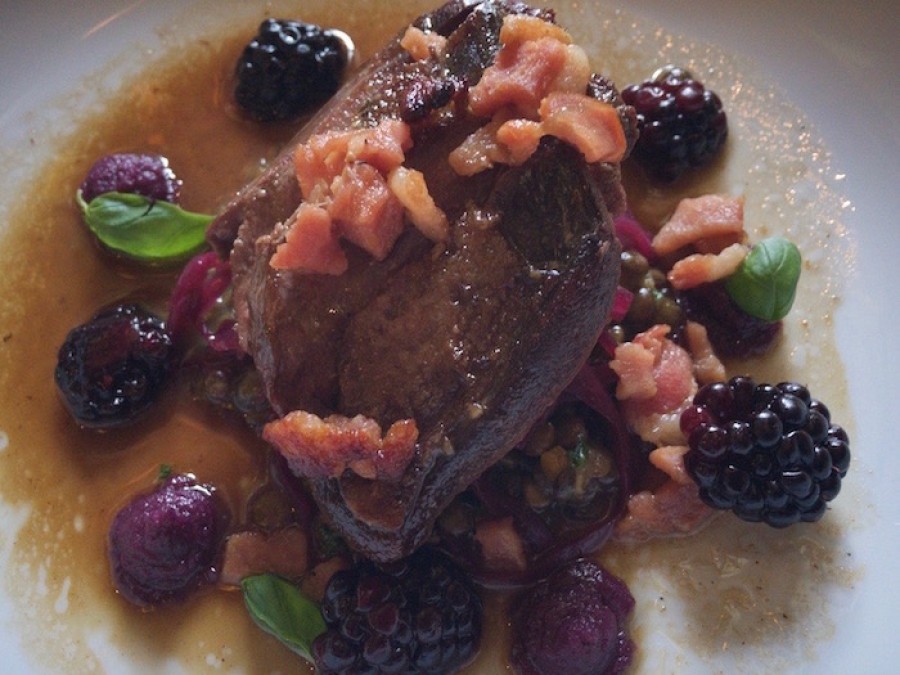  Starter: pigeon breast, puy lentils, red cabbage, smoked bacon and blackberries