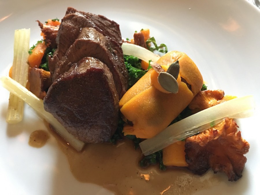  Main: roasted venison loin, with butternut squash, kale, wild mushrooms, honey and five-spice sauce 