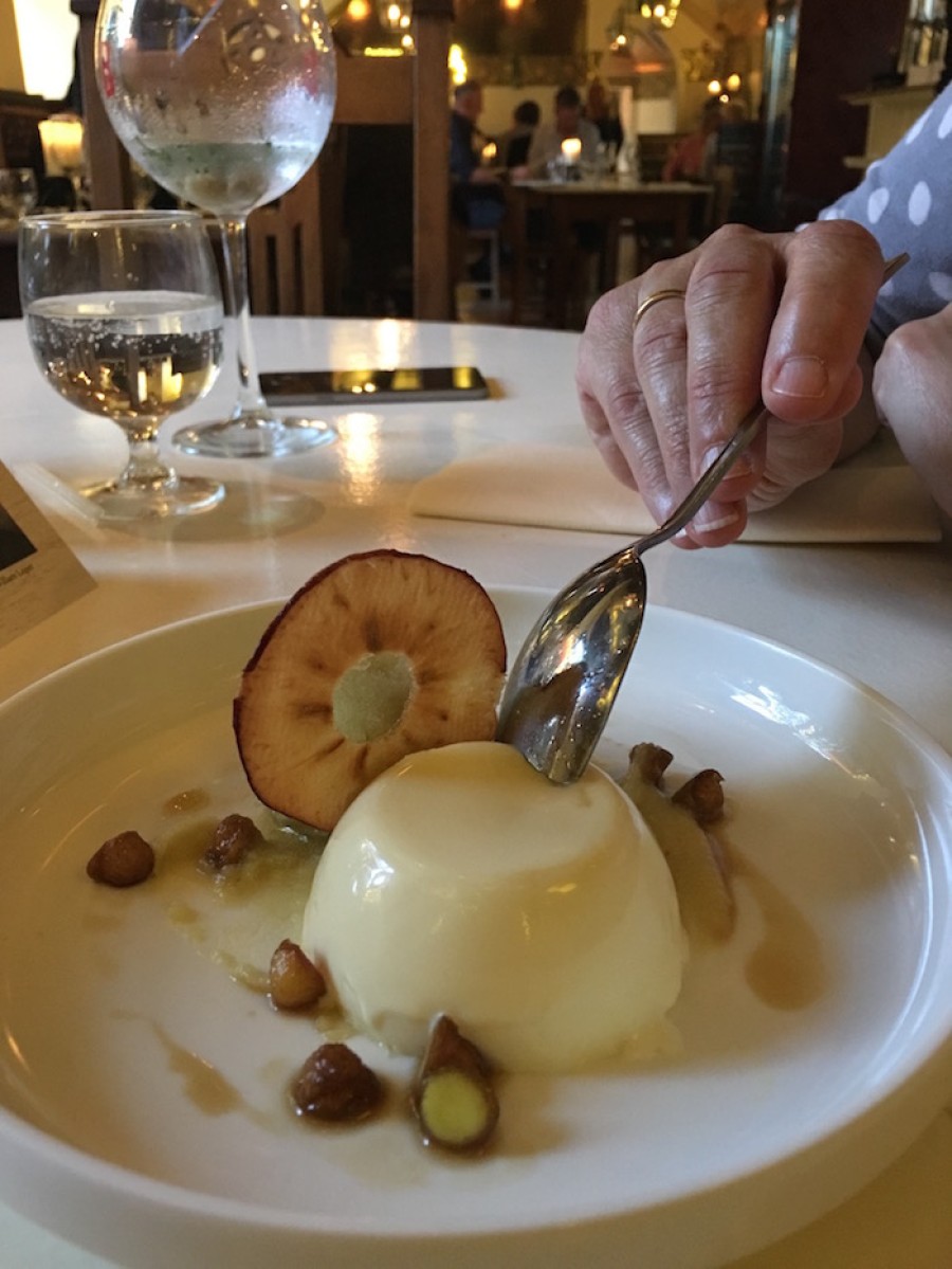  Dessert: Panna cotta with marinated apple, apple sorbet and apple crisps 