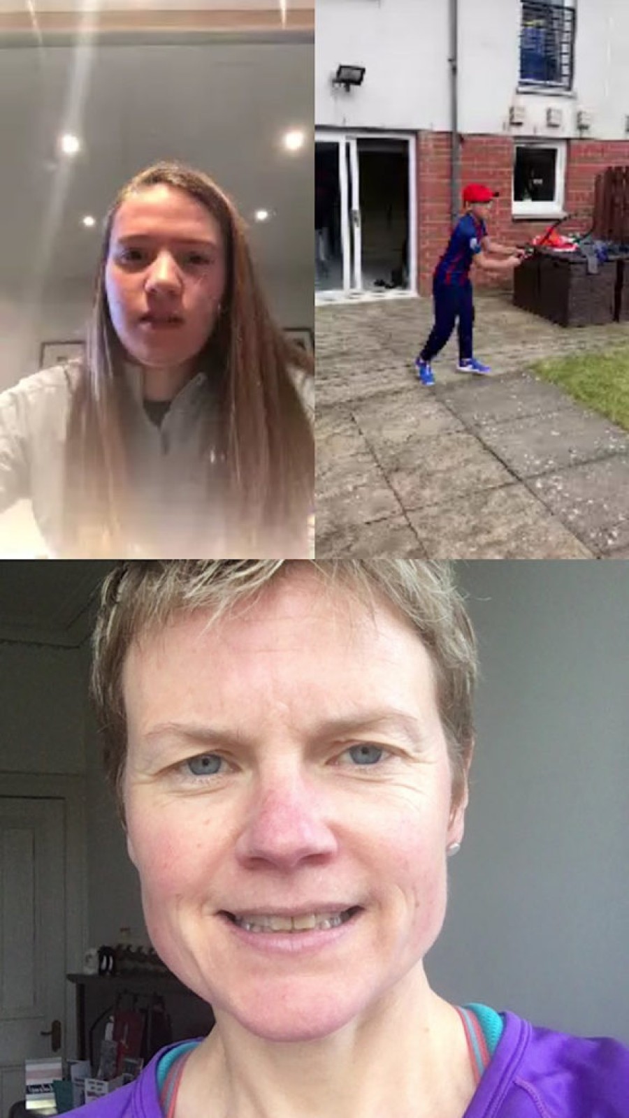  Julie, bottom pictured, and another coach take a young player through some exercises in his back yard.