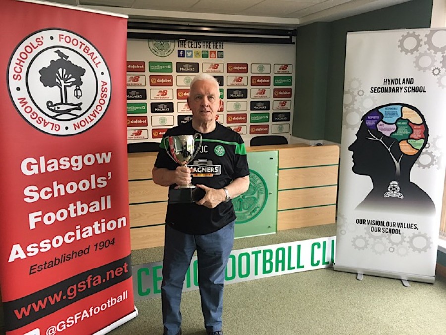  George Mackie, president of the Glasgow Schools Football Association, with the Lisbon Lions Cup 
