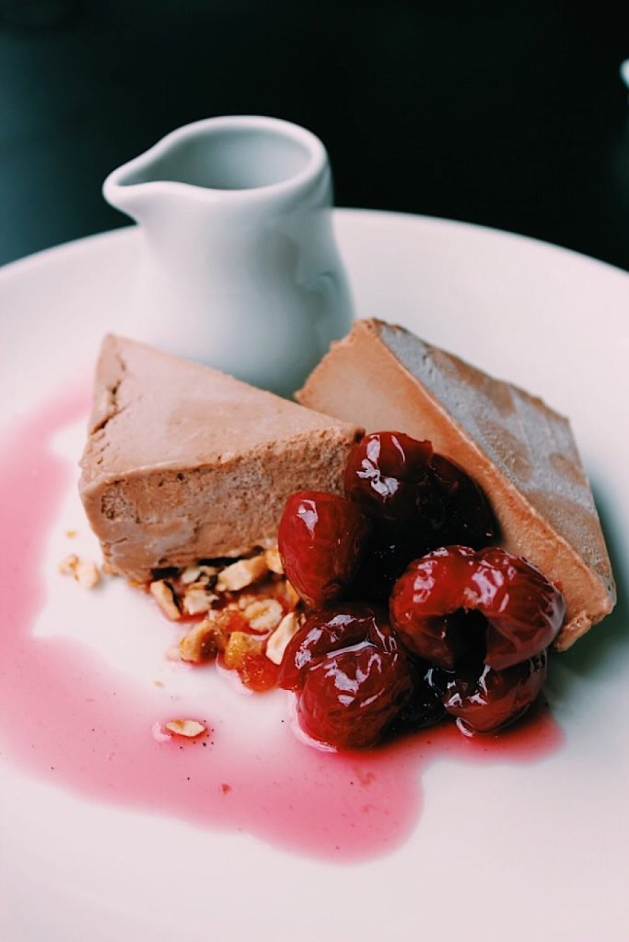 Dessert: Chocolate semi-freddo with poached cherries 