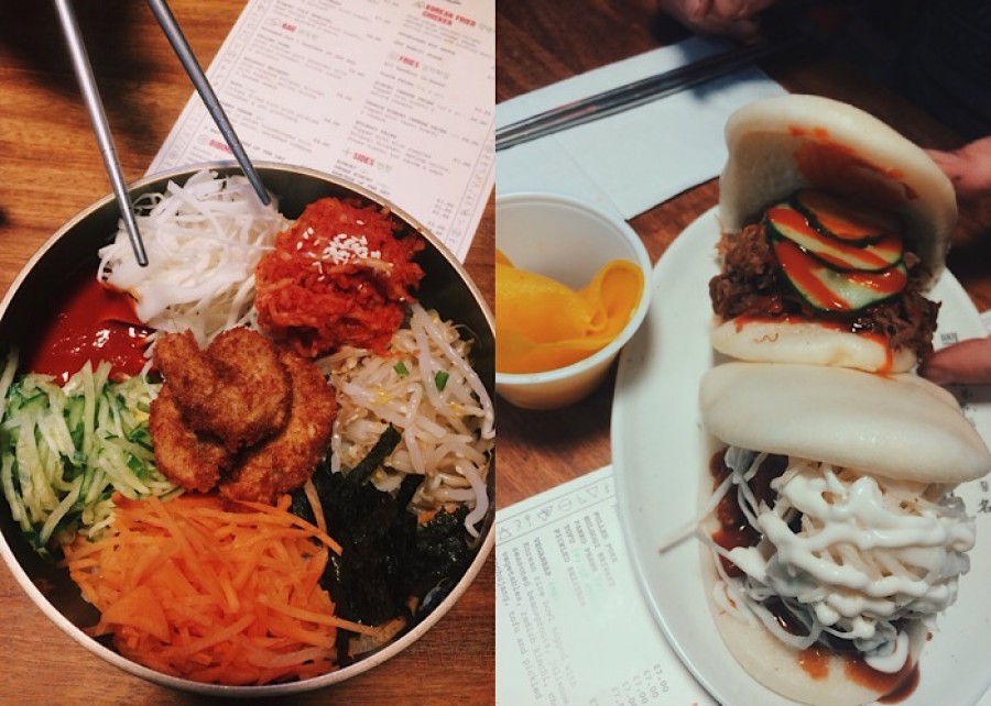  Colours: a Korean rice bowl filled with an array of vivid vegetables and a bao steamed bun (right)