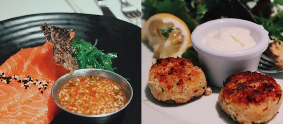  Delicious: salmon with sweet soy, sesame and chilli sauce; crab cakes