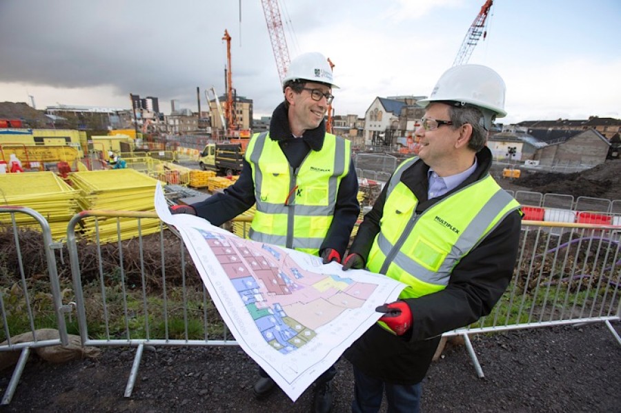  Pictured: Sir Trevor Pears and University of Glasgow Principal Professor Sir Anton Muscatelli (on right ) with the plans of the new building. Photo: Martin Shields