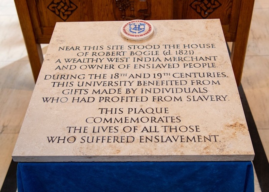  The plaque points to the slave past of the university's notorious predecessor, merchant Robert Bogle jnr. Photo: University of Glasgow