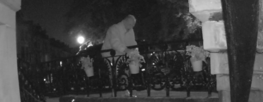  The man is seen taking the flower pots from the railing