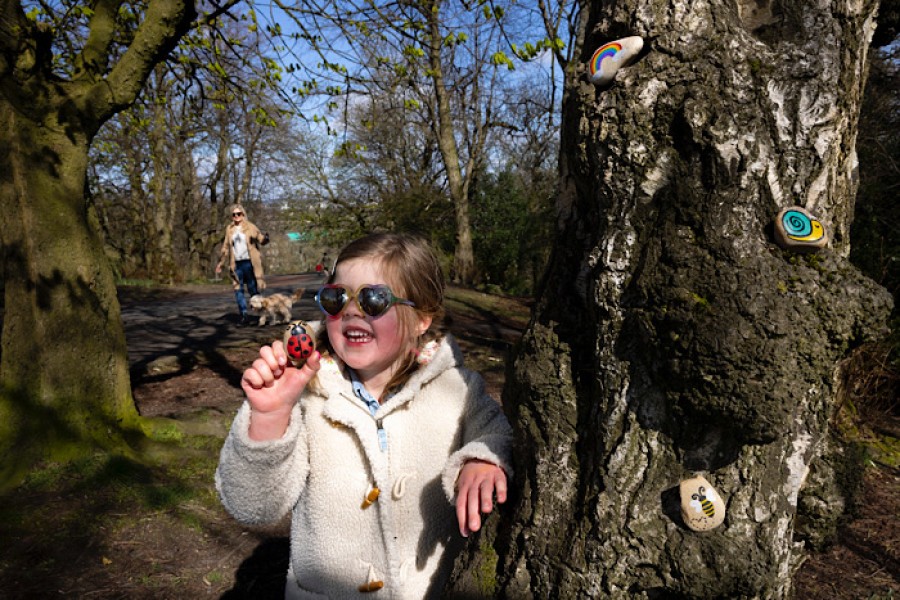 New research project explores experiences of walking and creativity during COVID-19. Pictured Millie Gilmartin, four, in the park with painted pebbles as Rafa the dog is being walked by mum Emma. Photograph:  Martin Shields