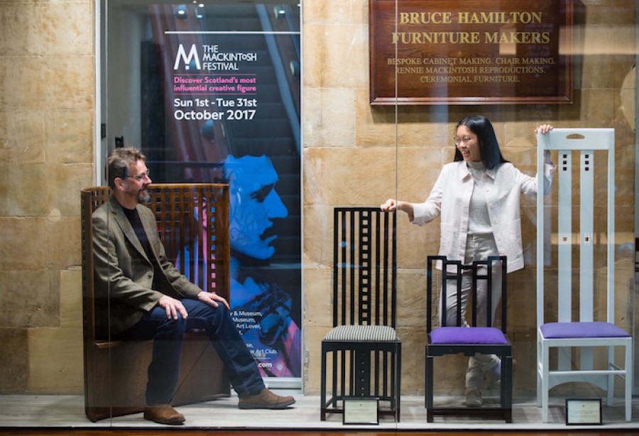  Pictured: GSA graduate, Karlie Wu and Bruce Hamilton who made the Mackintosh replicas for  the exhibition. Photo credit: Martin Shields
