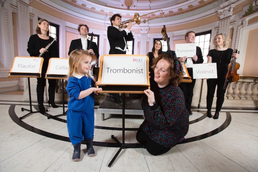  Pictured: Helen Brew (flute), Kennedy Leitch (cello), Davur Juul Magnussen (trombone), Margarida Castro (double bass), Christopher Hart (trumpet), Lena Zeliszewska (violin) as exhibits. Front: Sophie Sherwood, four,from Kelvinside Academy Nursery with narrator Lisa Rourke. Photograph by Martin Shields 