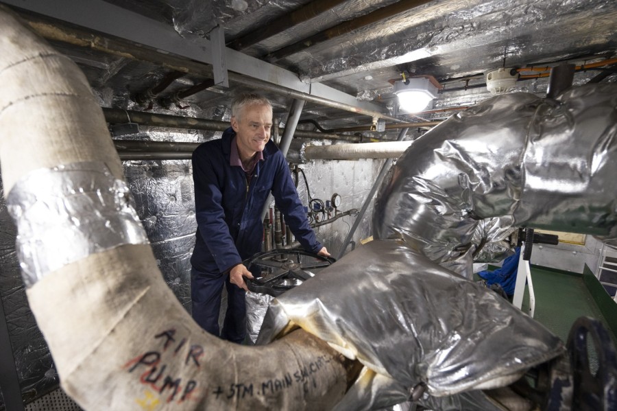 Colin Dykes takes care of the boiler room as fireman aboard Waverley. Photo: Martin Shields.