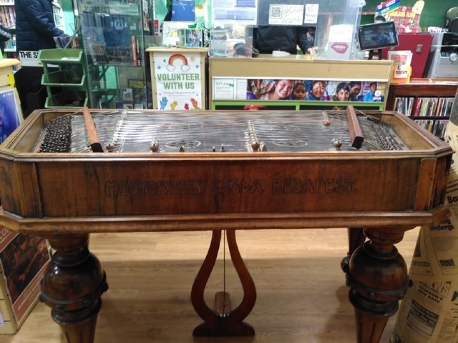 The Hungarian Cimbalom was made in 1904 by master craftsman Mogyoróssy Gyula.